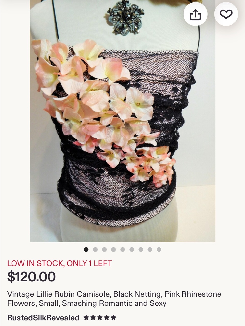Lillie Rubin Black Net Camisole with Peach-Pink Floral Appliqué
